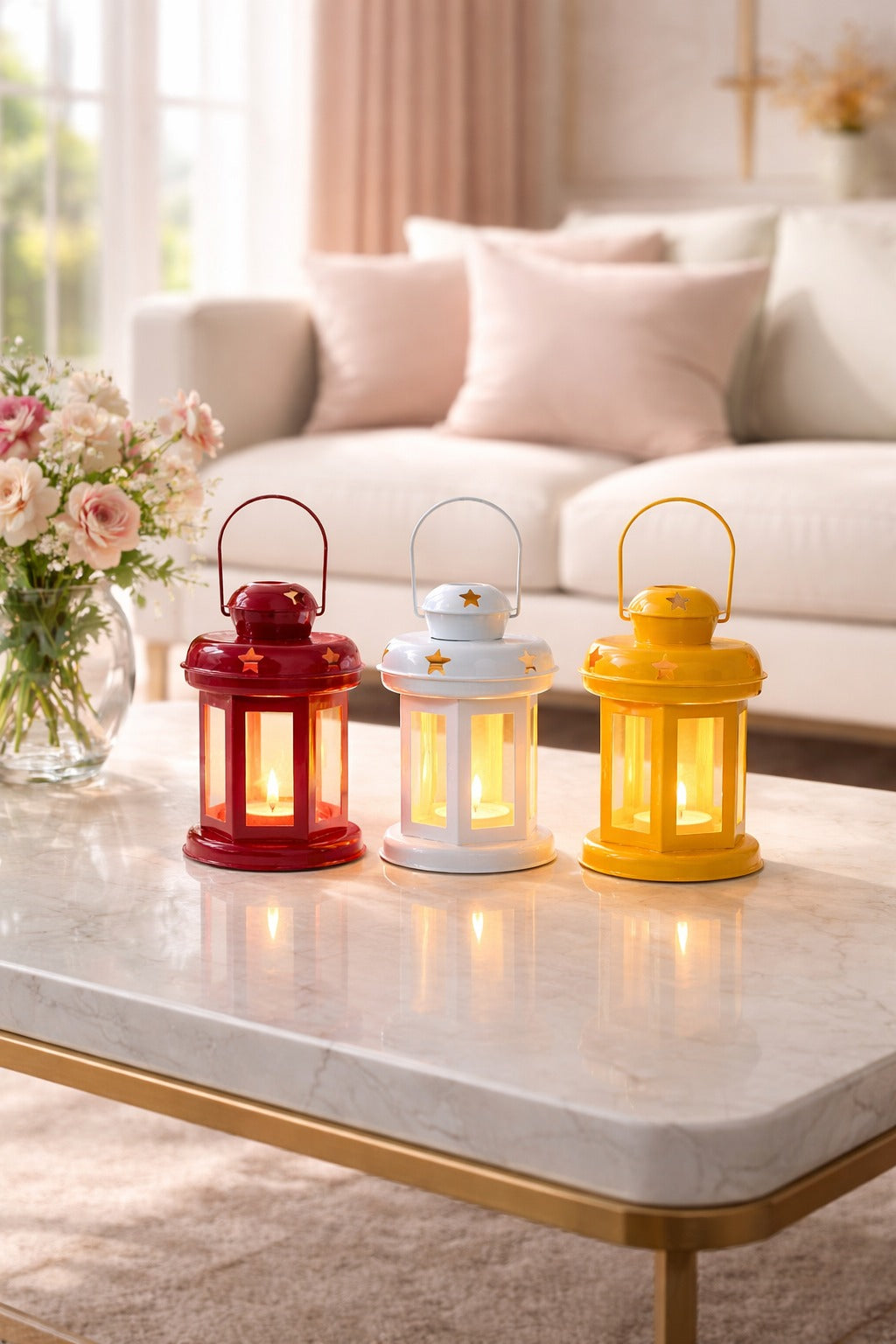 Decorative Metal Lantern Tealight Holder Set (Red, White & Yellow) | Vintage Hanging Candle Lanterns