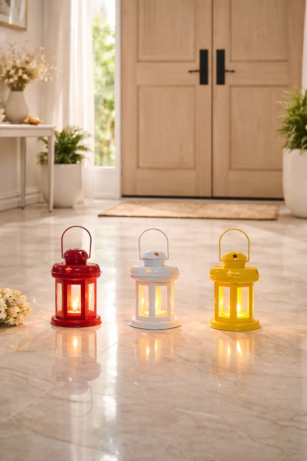 Decorative Metal Lantern Tealight Holder Set (Red, White & Yellow) | Vintage Hanging Candle Lanterns