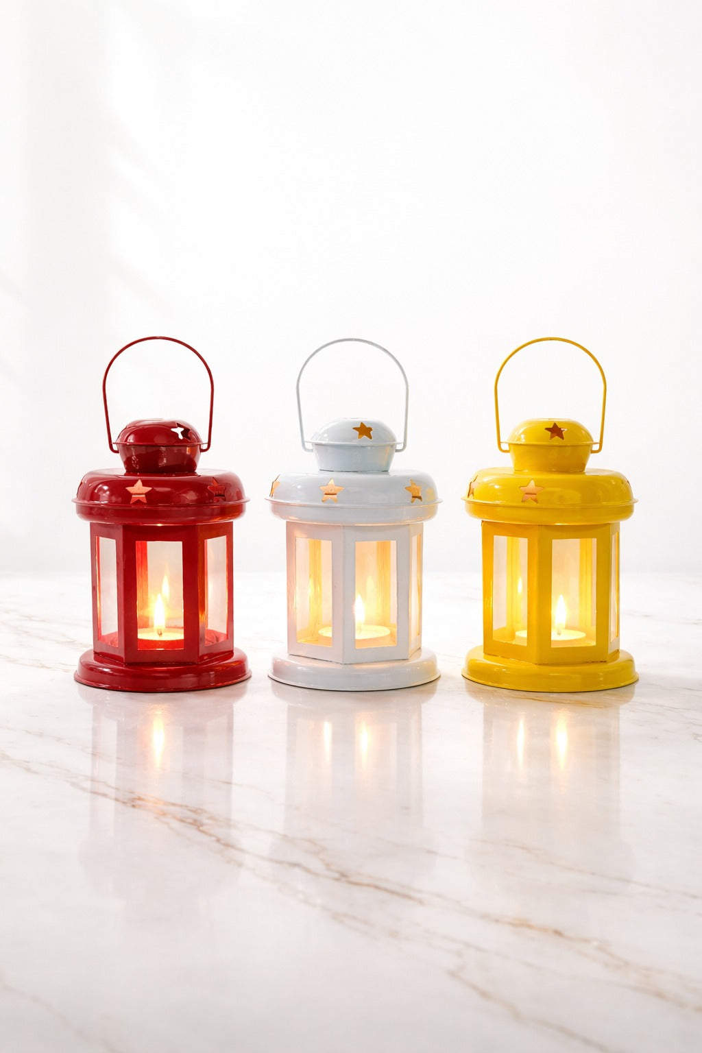 Decorative Metal Lantern Tealight Holder Set (Red, White & Yellow) | Vintage Hanging Candle Lanterns