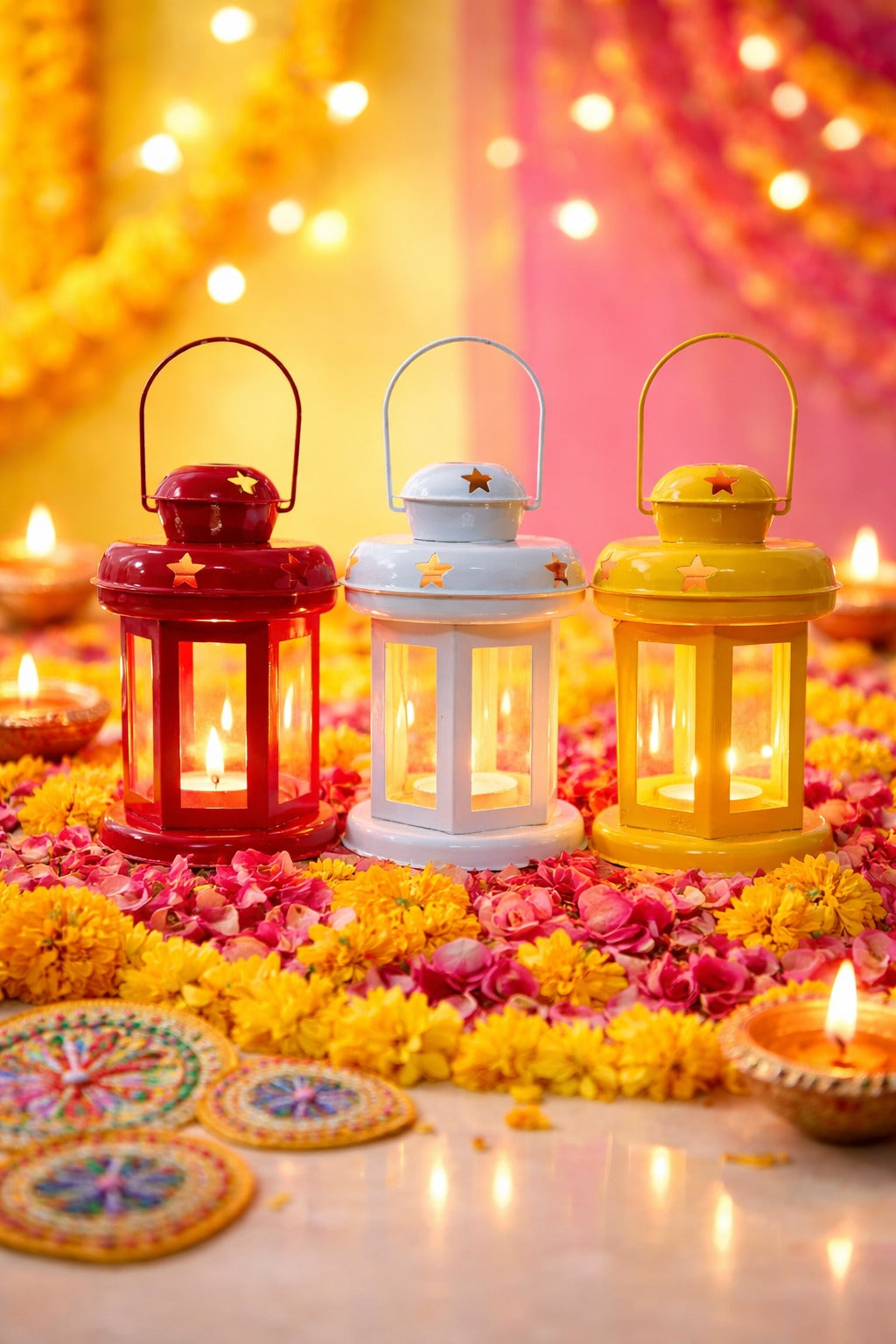 Decorative Metal Lantern Tealight Holder Set (Red, White & Yellow) | Vintage Hanging Candle Lanterns