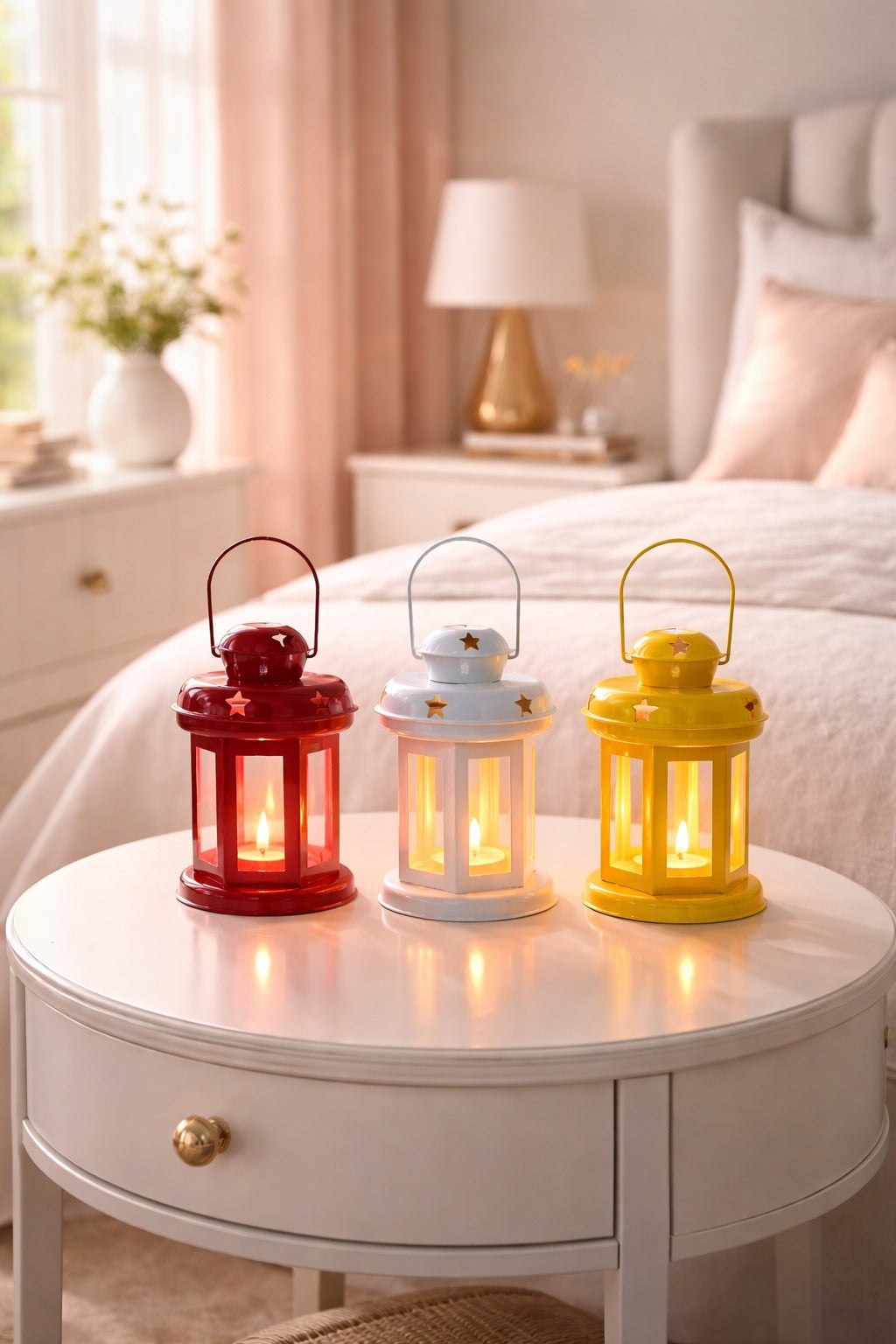 Decorative Metal Lantern Tealight Holder Set (Red, White & Yellow) | Vintage Hanging Candle Lanterns