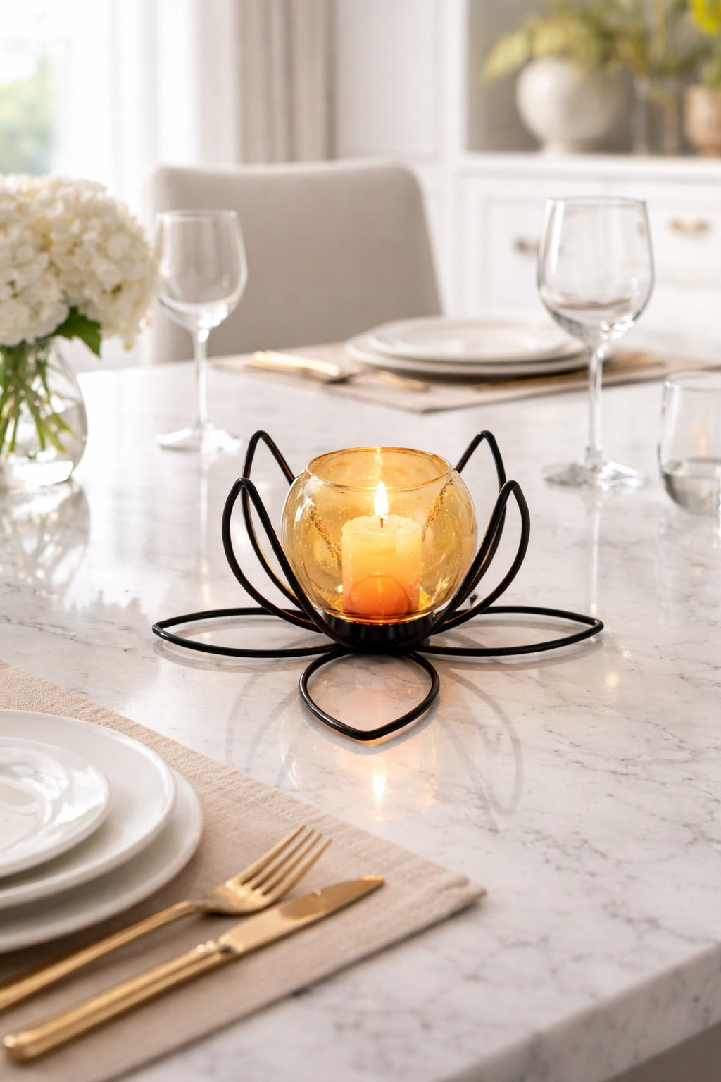 Lotus Metal Tealight Candle Holder with Glass Cup | Modern Table Centerpiece Décor