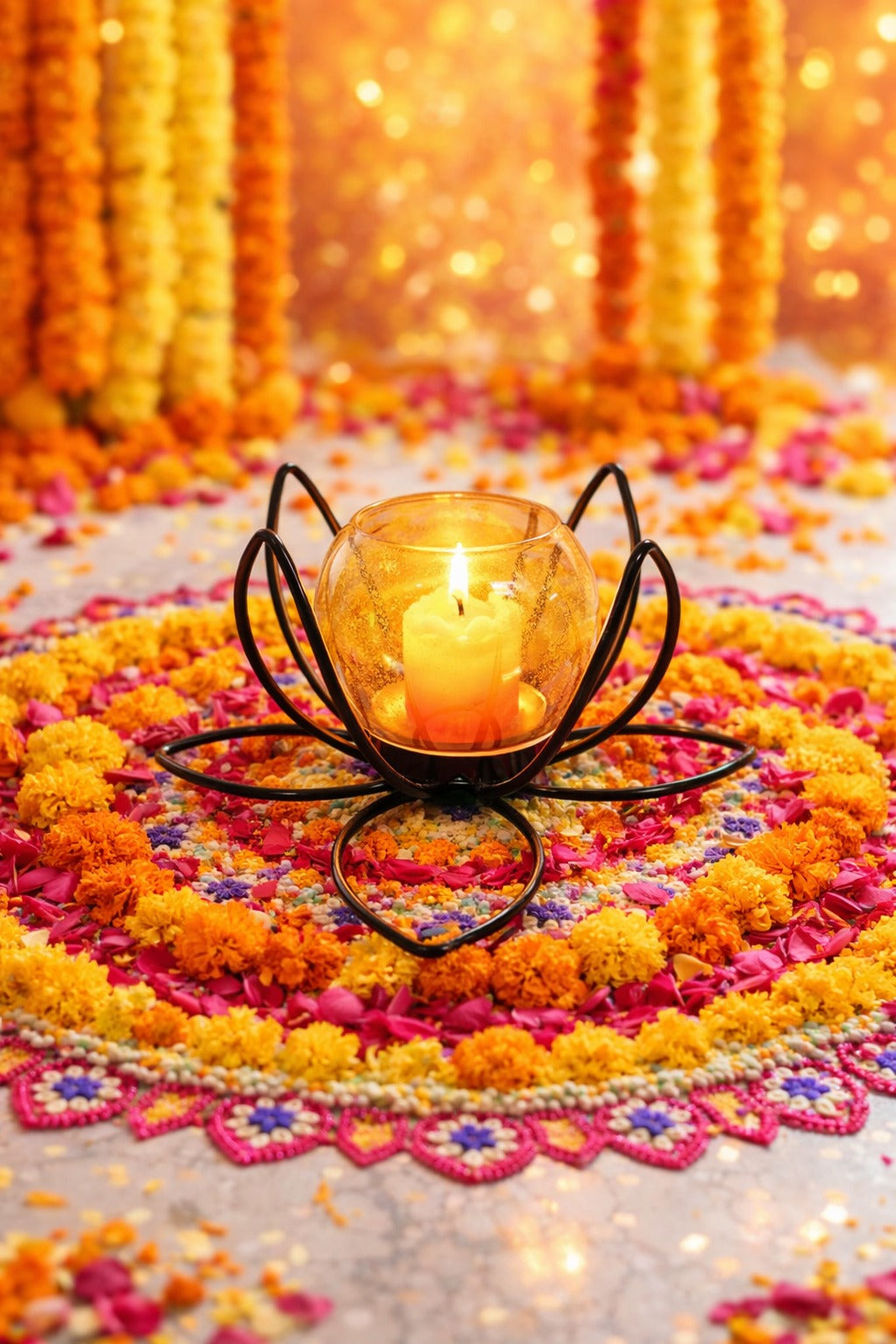 Lotus Metal Tealight Candle Holder with Glass Cup | Modern Table Centerpiece Décor