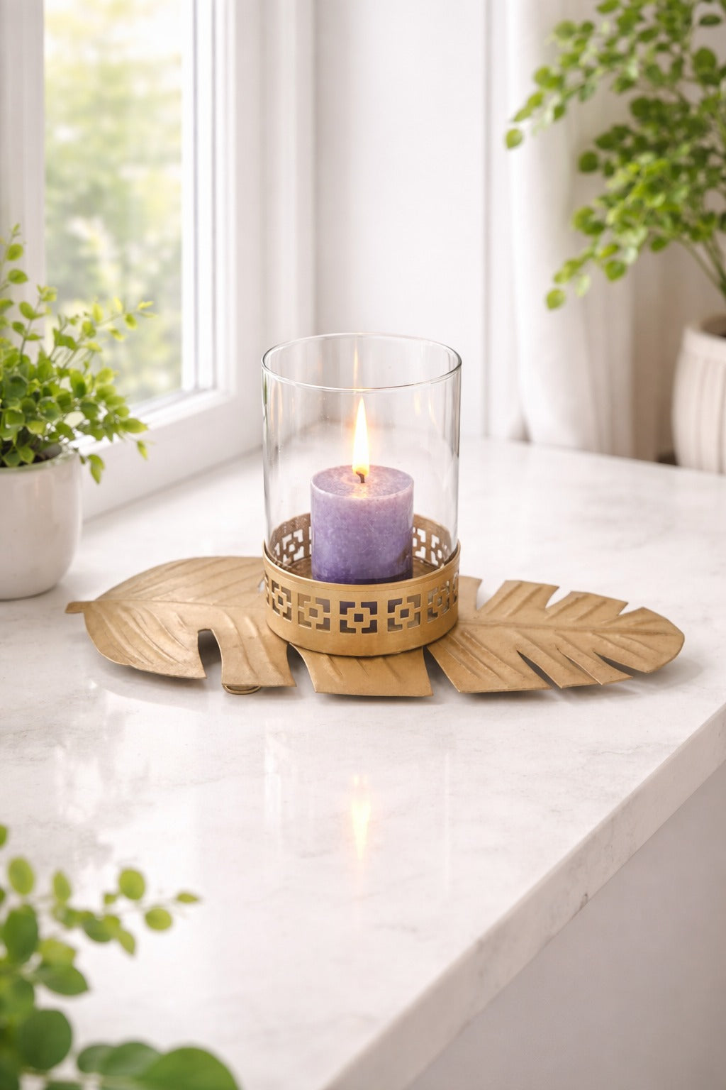 Golden Leaf Tealight Candle Holder with Glass Cylinder | Metal Decorative Table Centerpiece for Living Room, Diwali Decoration, Home Décor & Gift Item