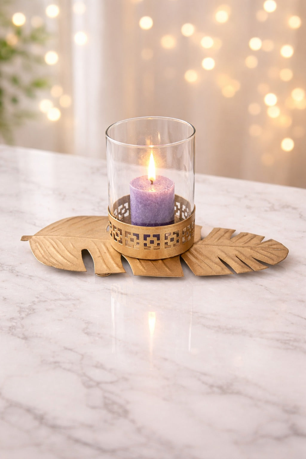 Golden Leaf Tealight Candle Holder with Glass Cylinder | Metal Decorative Table Centerpiece for Living Room, Diwali Decoration, Home Décor & Gift Item