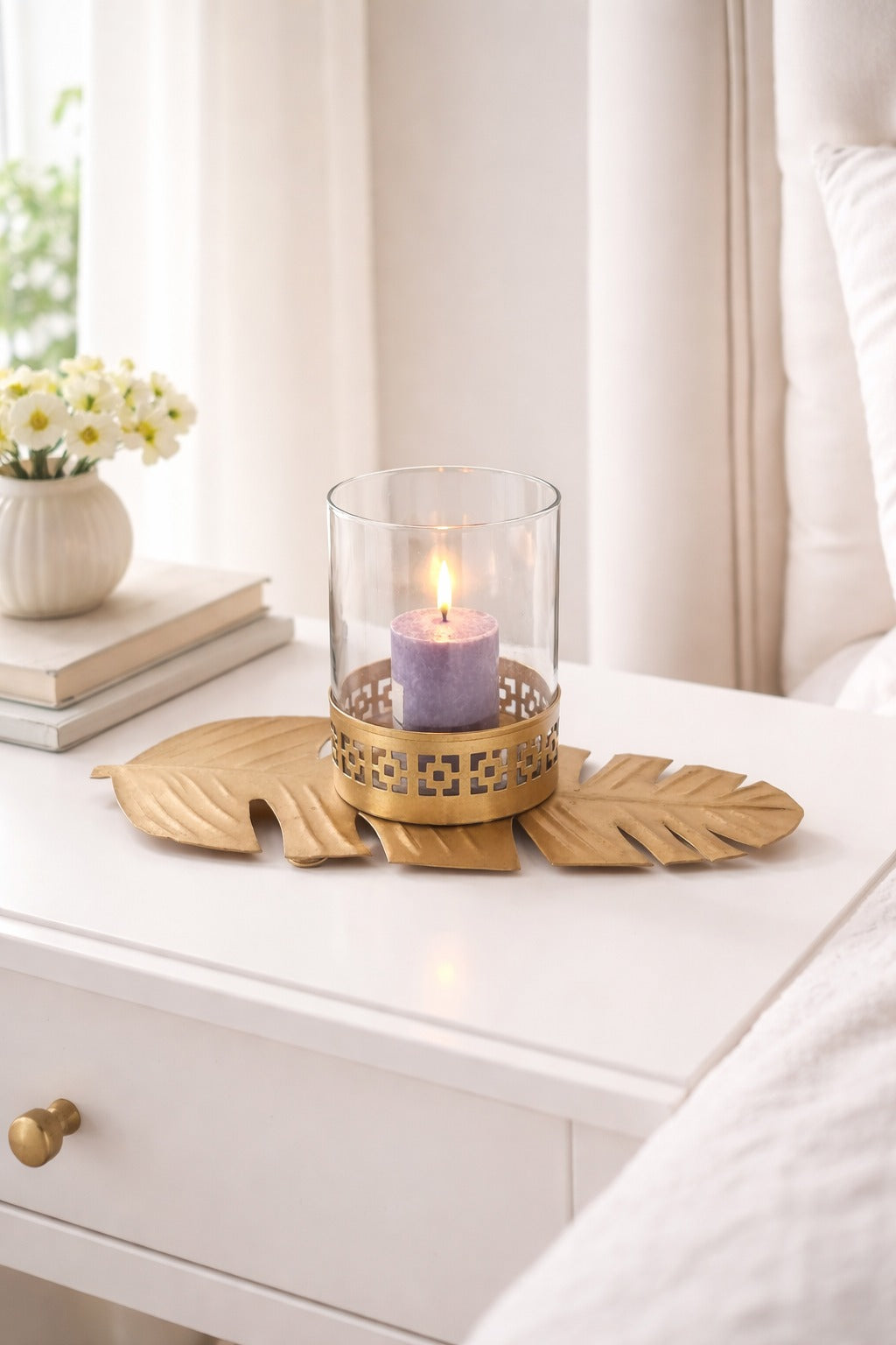 Golden Leaf Tealight Candle Holder with Glass Cylinder | Metal Decorative Table Centerpiece for Living Room, Diwali Decoration, Home Décor & Gift Item