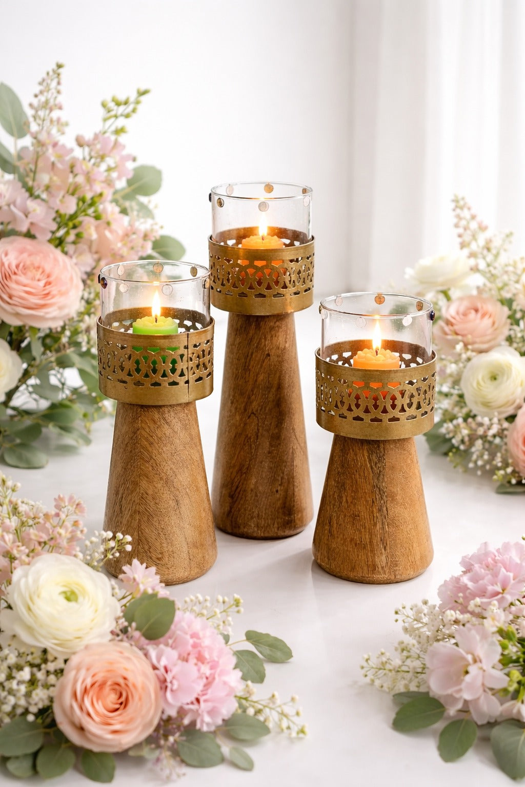 Wooden Tealight Candle Holder Set of 3 with Glass Cups | Rustic Metal & Wood Decorative Table Centerpiece for Living Room, Wedding, Diwali Home Décor & Gift Item