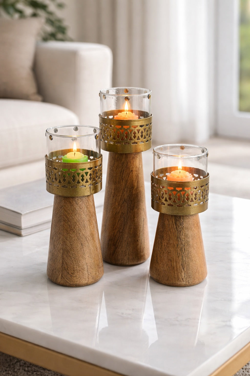 Wooden Tealight Candle Holder Set of 3 with Glass Cups | Rustic Metal & Wood Decorative Table Centerpiece for Living Room, Wedding, Diwali Home Décor & Gift Item