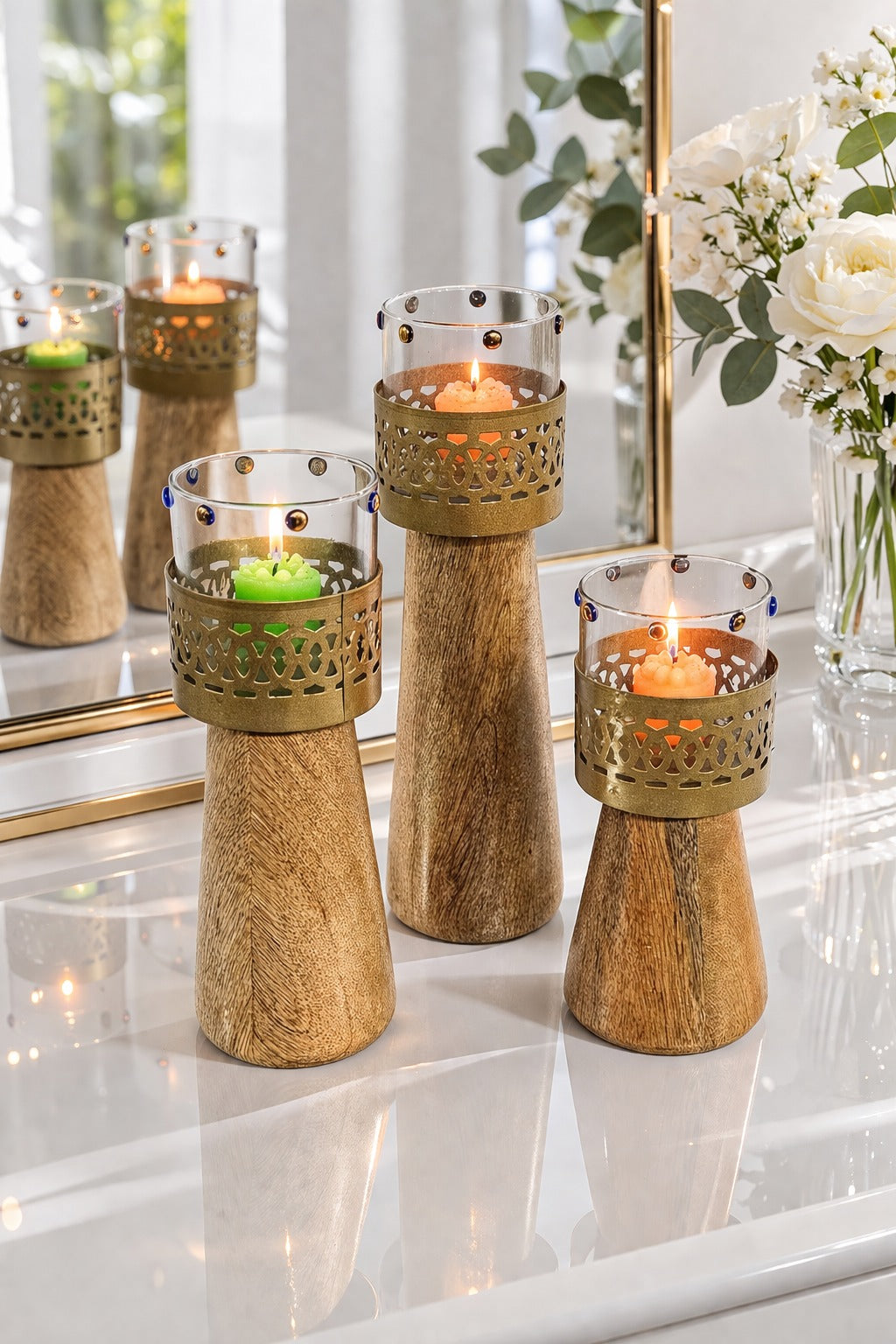 Wooden Tealight Candle Holder Set of 3 with Glass Cups | Rustic Metal & Wood Decorative Table Centerpiece for Living Room, Wedding, Diwali Home Décor & Gift Item