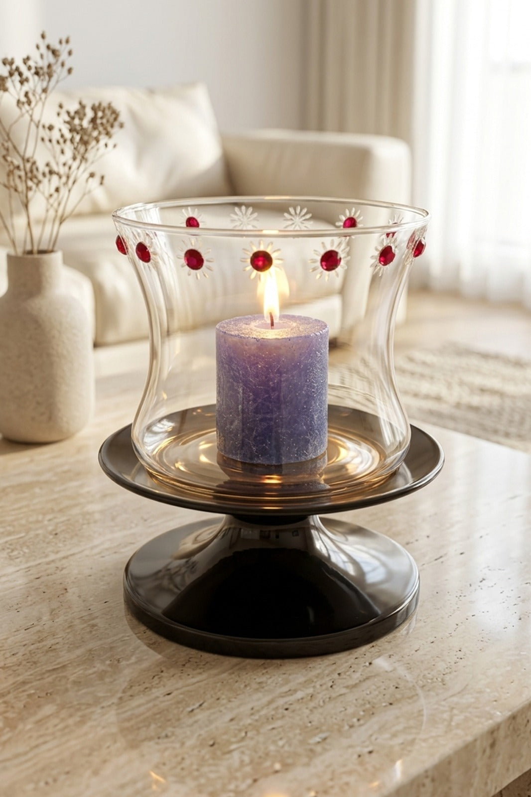 Glass Hurricane Candle Holder with Metal Base | Decorative Table Centerpiece Tealight & Pillar Stand