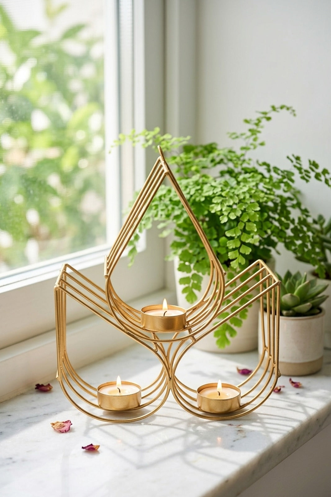 Geometric Metal Tealight Candle Holder | Modern Gold Decorative Candle Stand for Living Room, Dining Table & Home Décor | Diwali Decoration & Gift Item