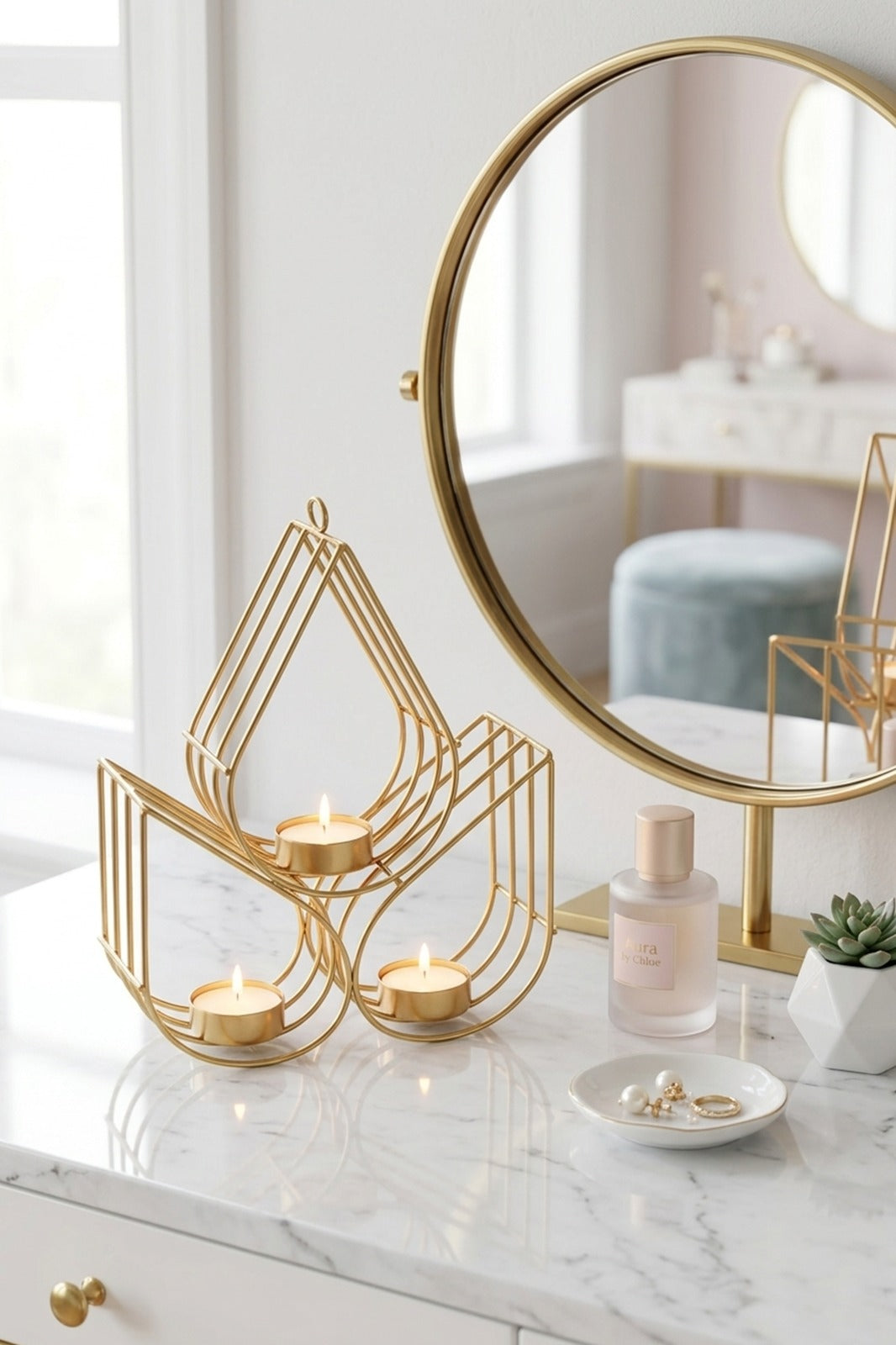 Geometric Metal Tealight Candle Holder | Modern Gold Decorative Candle Stand for Living Room, Dining Table & Home Décor | Diwali Decoration & Gift Item