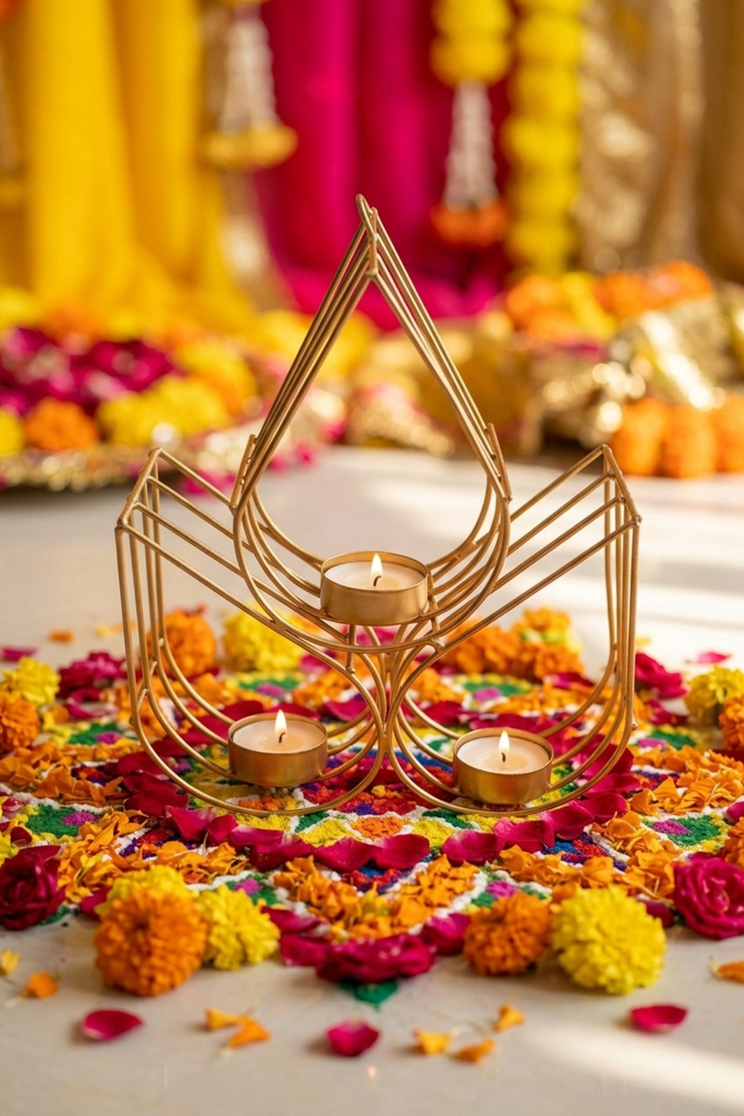 Geometric Metal Tealight Candle Holder | Modern Gold Decorative Candle Stand for Living Room, Dining Table & Home Décor | Diwali Decoration & Gift Item