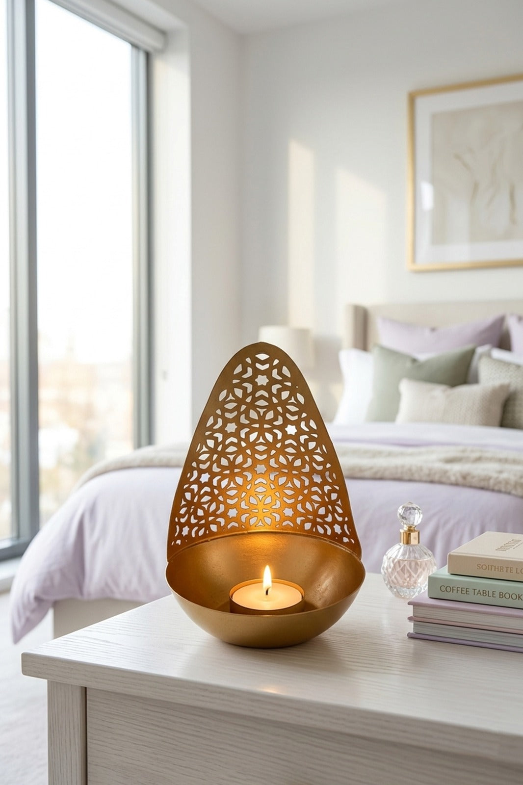 Metal Jali Tealight Candle Holder with Bowl Base | Decorative Diya Stand for Diwali, Rangoli & Home Décor | Golden Festival Candle Holder Gift Item