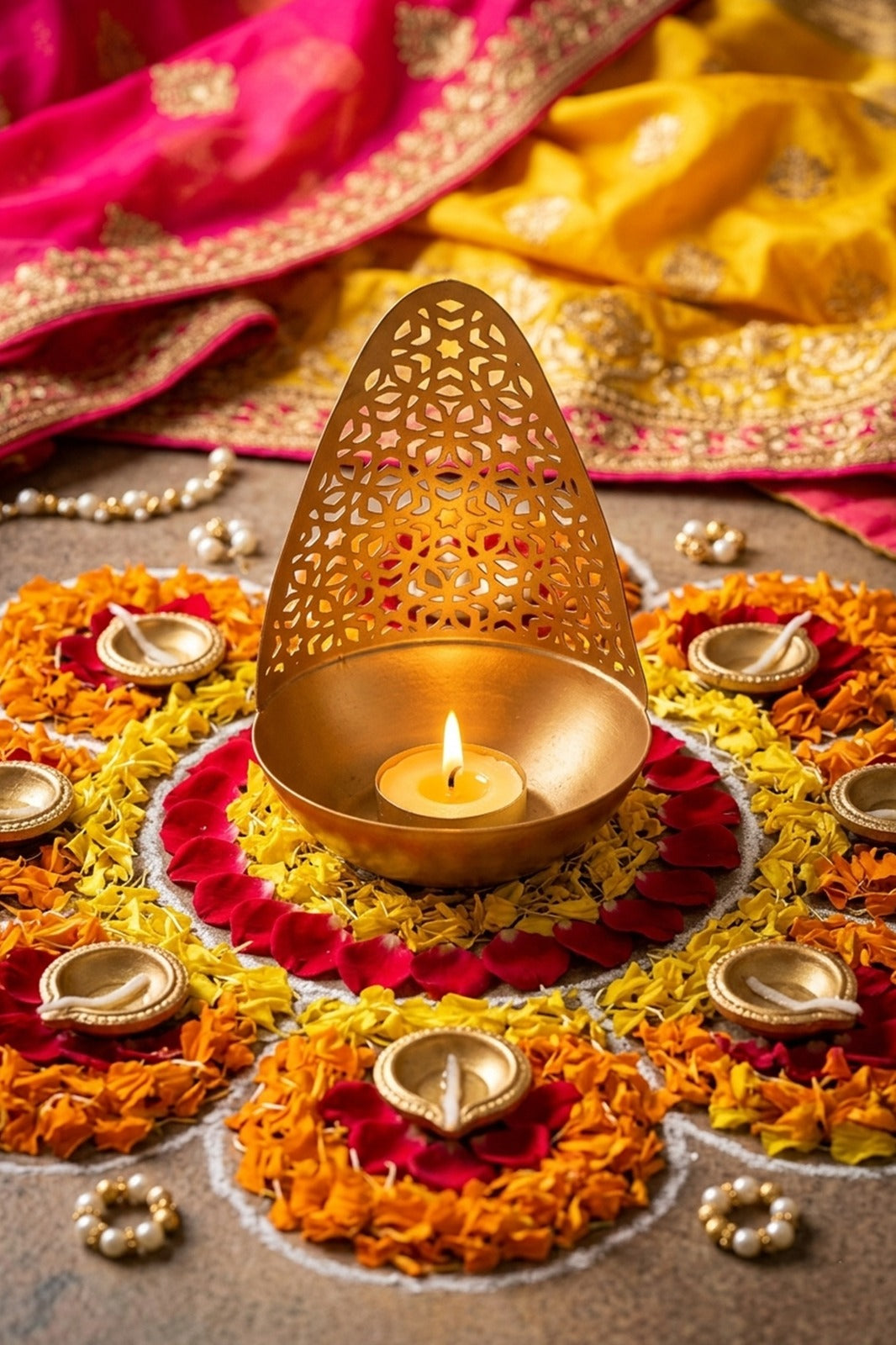 Metal Jali Tealight Candle Holder with Bowl Base | Decorative Diya Stand for Diwali, Rangoli & Home Décor | Golden Festival Candle Holder Gift Item