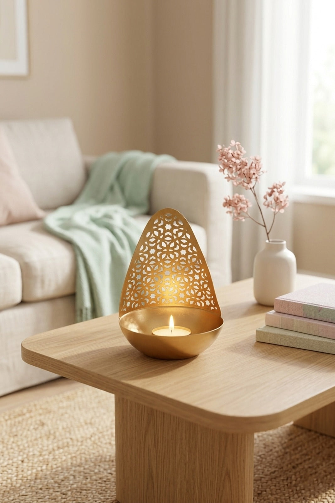 Metal Jali Tealight Candle Holder with Bowl Base | Decorative Diya Stand for Diwali, Rangoli & Home Décor | Golden Festival Candle Holder Gift Item