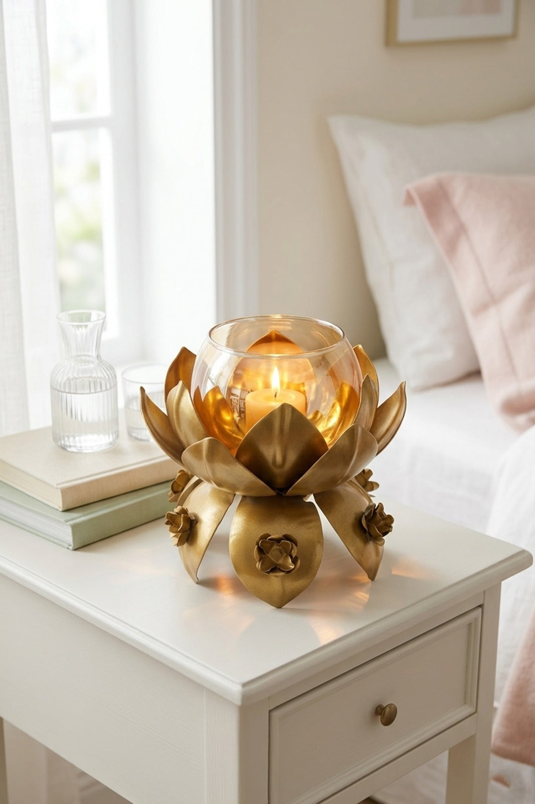Lotus Metal Tealight Candle Holder with Glass Bowl | Golden Decorative Candle Stand for Living Room, Table Centerpiece & Diwali Home Décor Gift