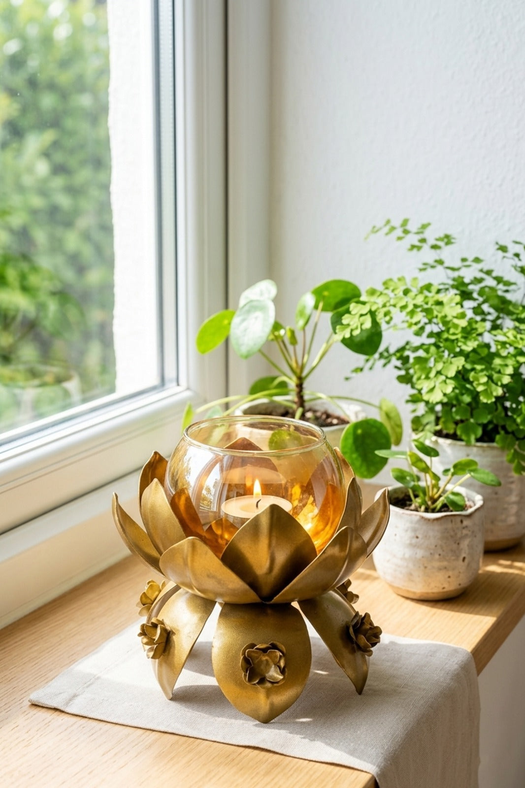 Lotus Metal Tealight Candle Holder with Glass Bowl | Golden Decorative Candle Stand for Living Room, Table Centerpiece & Diwali Home Décor Gift