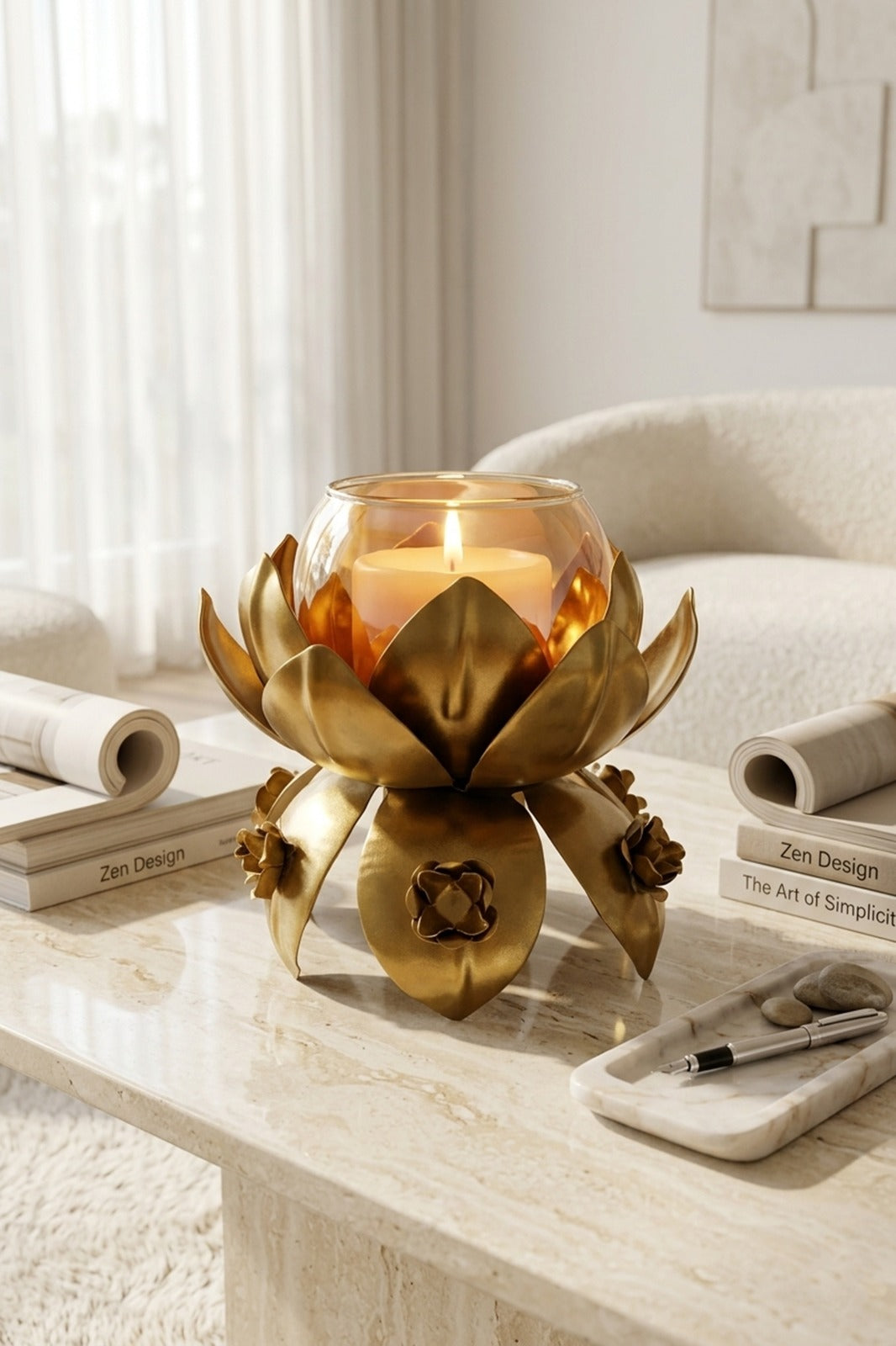 Lotus Metal Tealight Candle Holder with Glass Bowl | Golden Decorative Candle Stand for Living Room, Table Centerpiece & Diwali Home Décor Gift