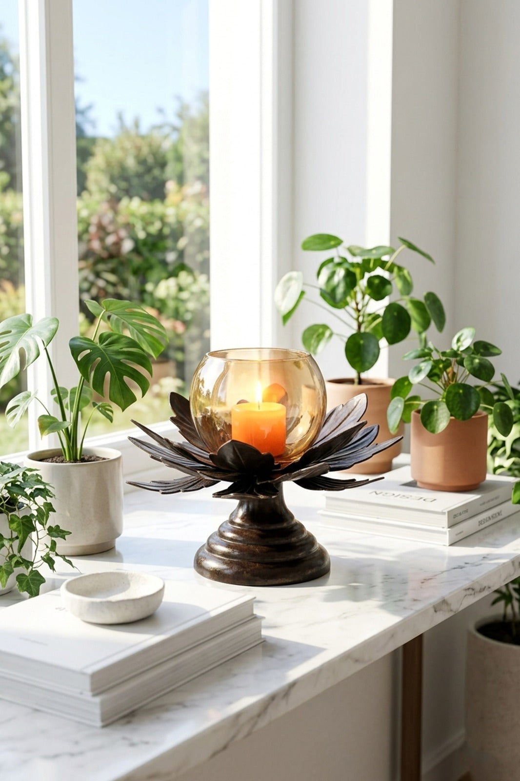 Lotus Metal Tealight Candle Holder with Glass Bowl & Antique Finish Base | Decorative Table Centerpiece for Living Room, Diwali Home Décor & Gift Item
