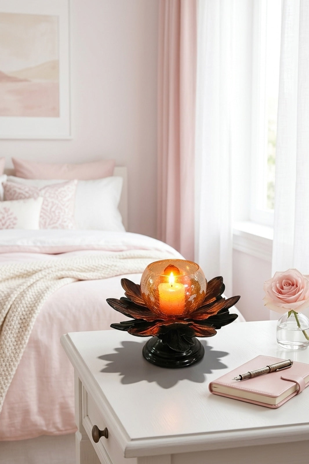 Lotus Metal Tealight Candle Holder with Glass Bowl & Antique Finish Base | Decorative Table Centerpiece for Living Room, Diwali Home Décor & Gift Item