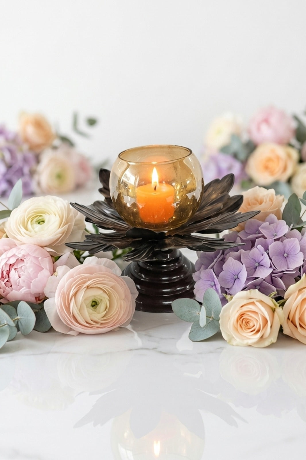 Lotus Metal Tealight Candle Holder with Glass Bowl & Antique Finish Base | Decorative Table Centerpiece for Living Room, Diwali Home Décor & Gift Item