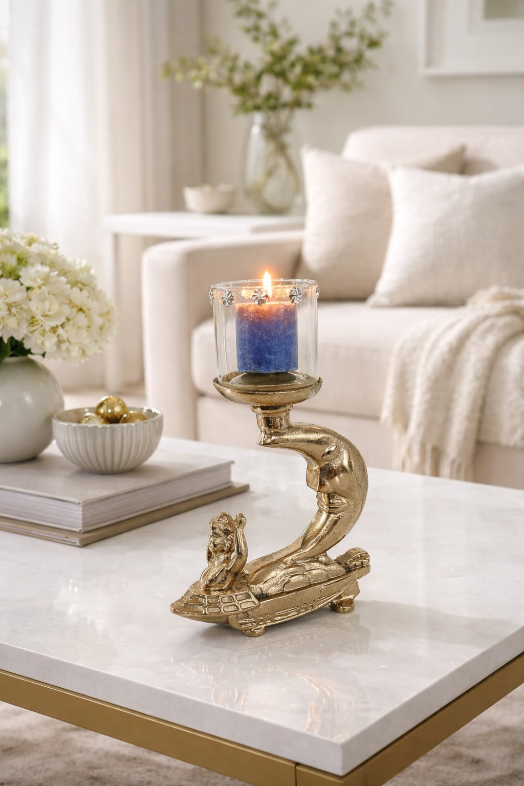 Golden Dolphin Tealight Candle Holder with Glass Cup | Metal Decorative Showpiece for Living Room, Table Centerpiece, Diwali Home Décor & Gift Item