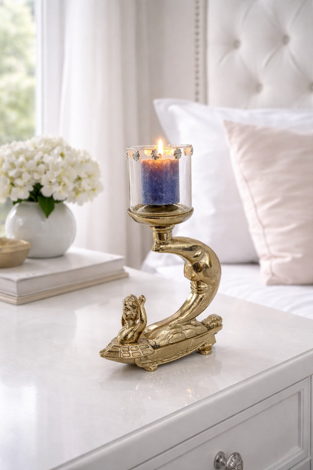 Golden Dolphin Tealight Candle Holder with Glass Cup | Metal Decorative Showpiece for Living Room, Table Centerpiece, Diwali Home Décor & Gift Item