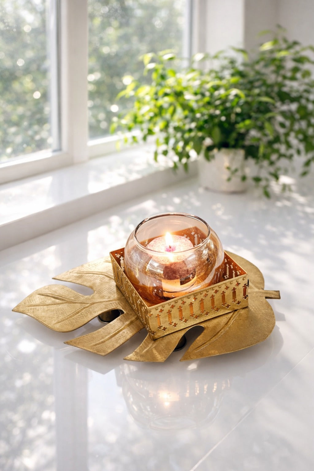 Golden Leaf Tealight Candle Holder with Glass Bowl | Metal Decorative Table Centerpiece for Living Room, Diwali Decoration, Home Décor & Gift Item