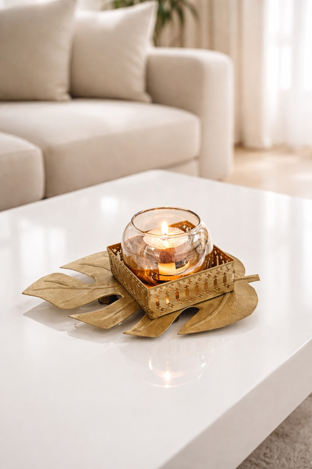 Golden Leaf Tealight Candle Holder with Glass Bowl | Metal Decorative Table Centerpiece for Living Room, Diwali Decoration, Home Décor & Gift Item