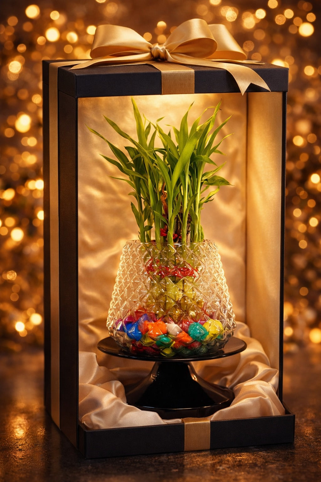 Lucky Bamboo Plant in Designer Glass Vase with Color Pebbles & Stand | Indoor Vastu Plant for Home, Office Table Décor, Positive Energy & Gift Item