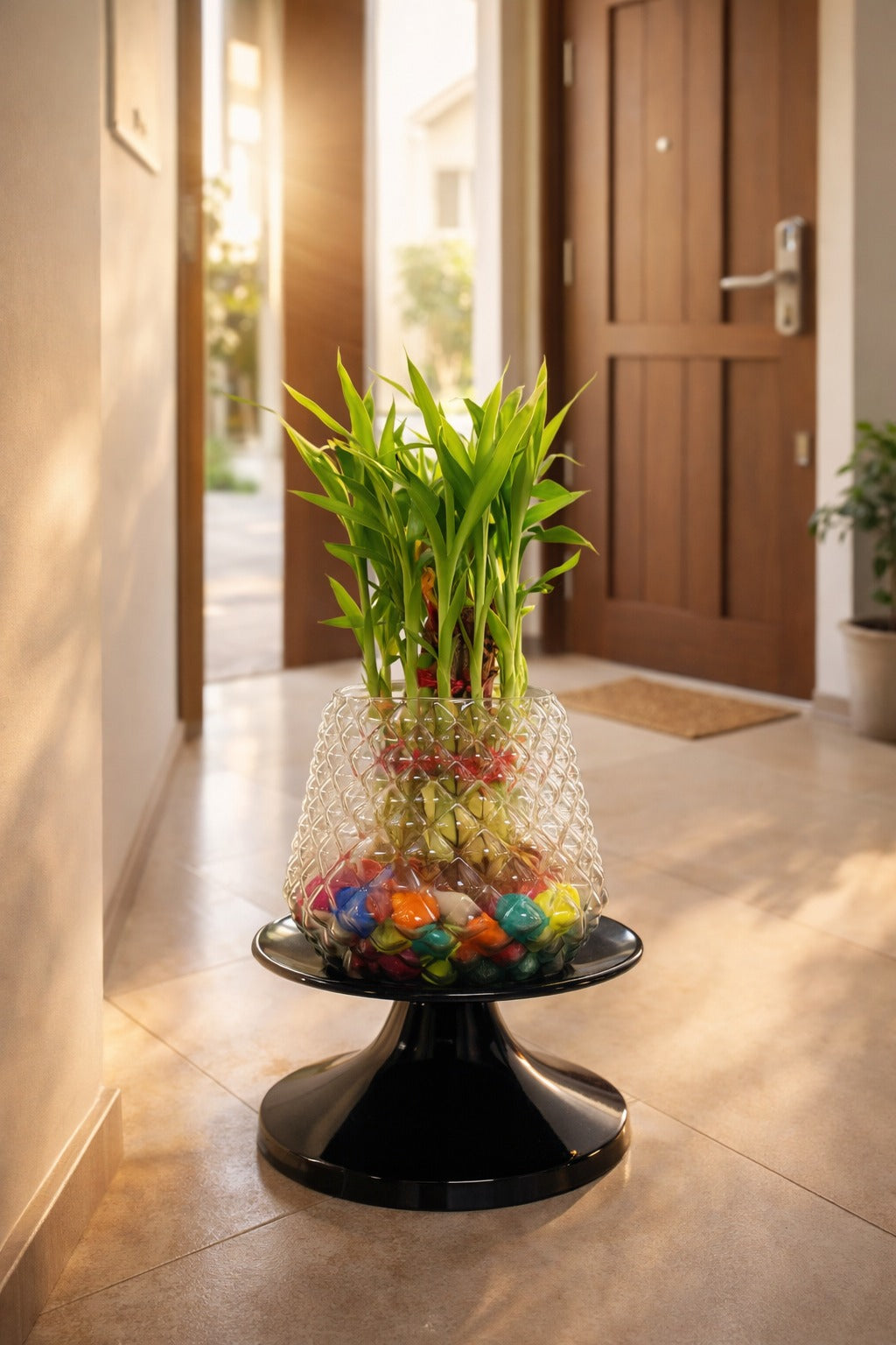 Lucky Bamboo Plant in Designer Glass Vase with Color Pebbles & Stand | Indoor Vastu Plant for Home, Office Table Décor, Positive Energy & Gift Item