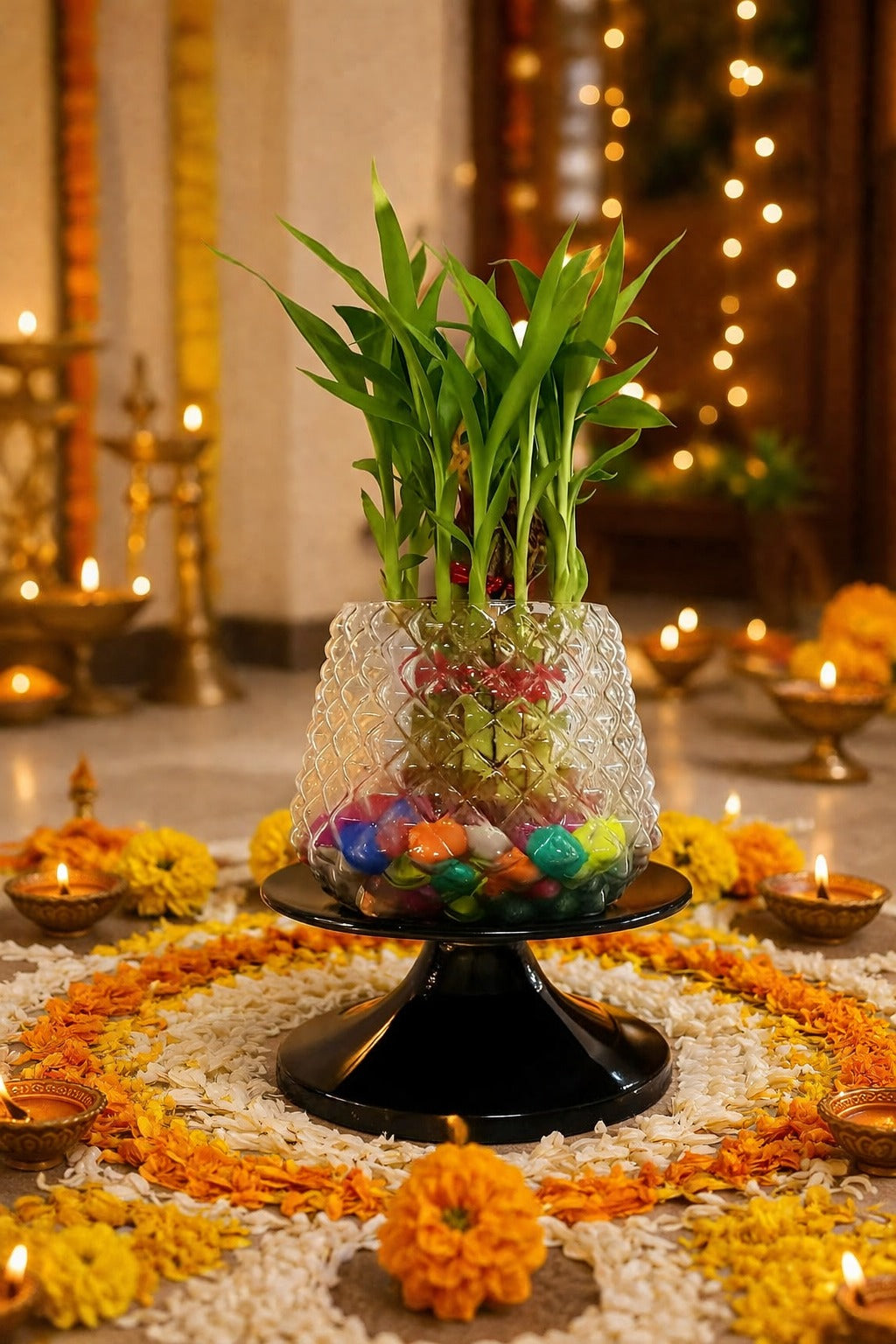 Lucky Bamboo Plant in Designer Glass Vase with Color Pebbles & Stand | Indoor Vastu Plant for Home, Office Table Décor, Positive Energy & Gift Item