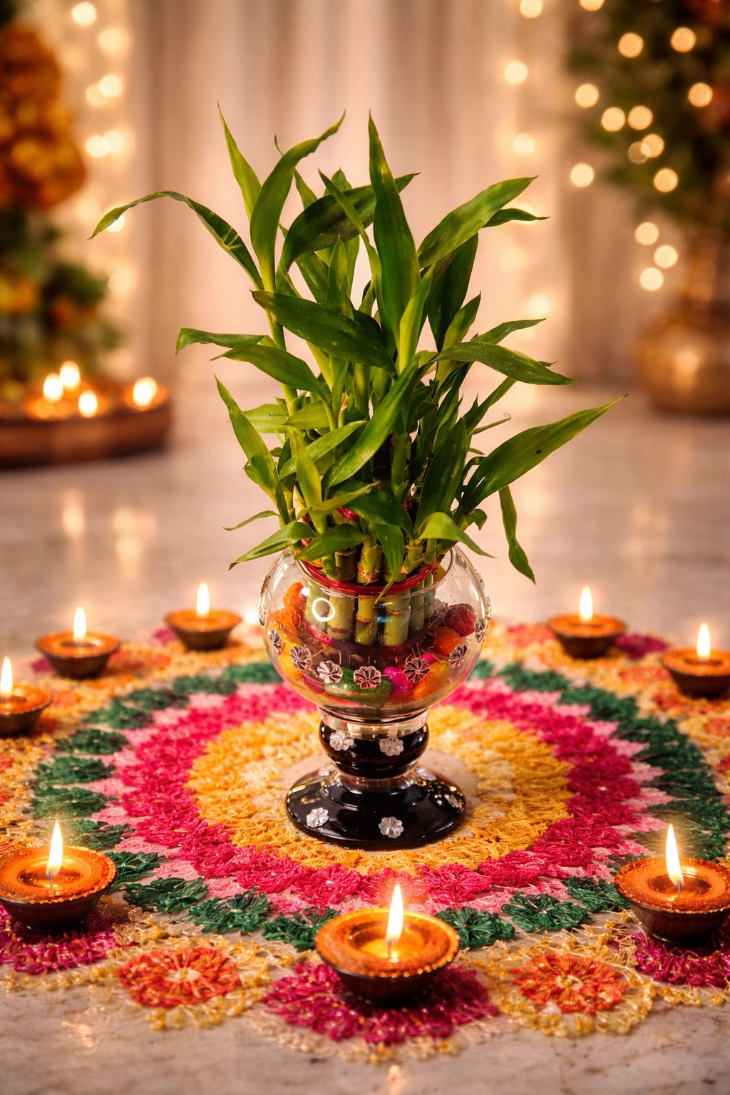 Lucky Bamboo Plant in Decorative Glass Vase with Pedestal Base & Color Pebbles | Indoor Vastu Feng Shui Plant for Home Décor, Office Table, Positive Energy & Gift Item