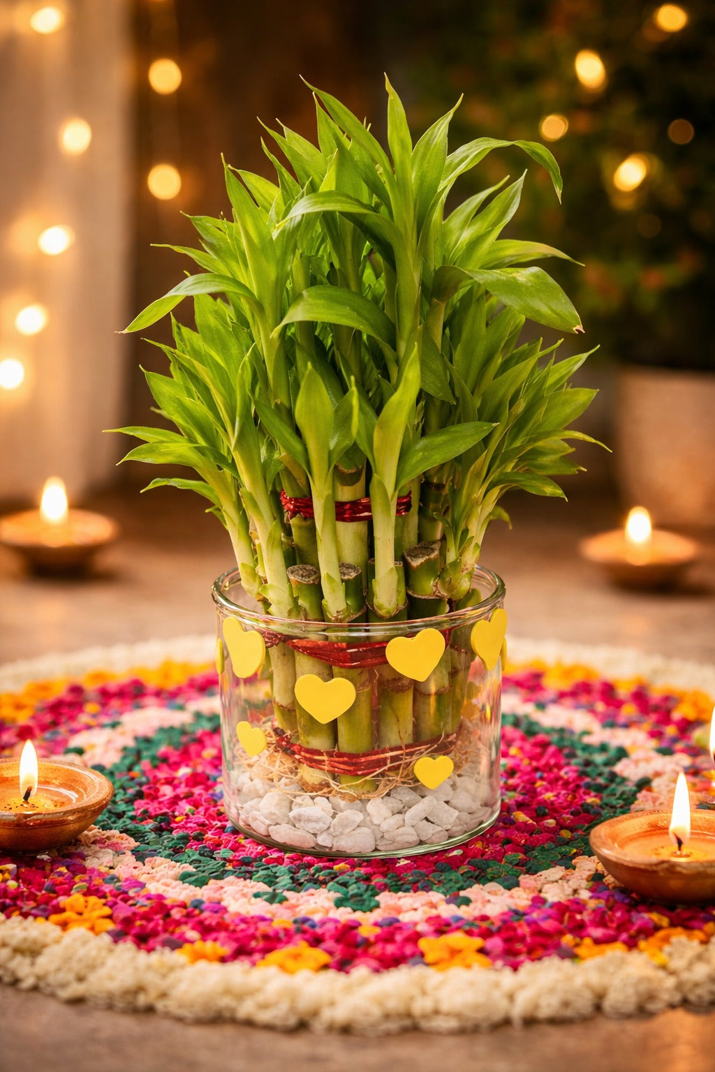 Lucky Bamboo Plant in Glass Vase with Heart Design & White Pebbles | Feng Shui Vastu Plant for Health Wealth | Decorative Indoor Tabletop Gift for Home Office Living Room