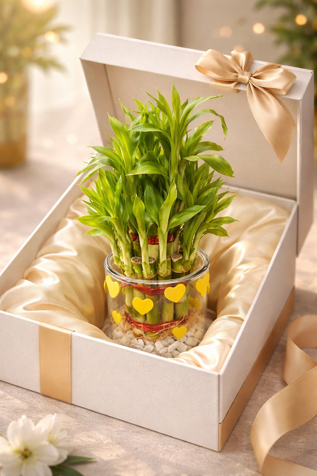 Lucky Bamboo Plant in Glass Vase with Heart Design & White Pebbles | Feng Shui Vastu Plant for Health Wealth | Decorative Indoor Tabletop Gift for Home Office Living Room