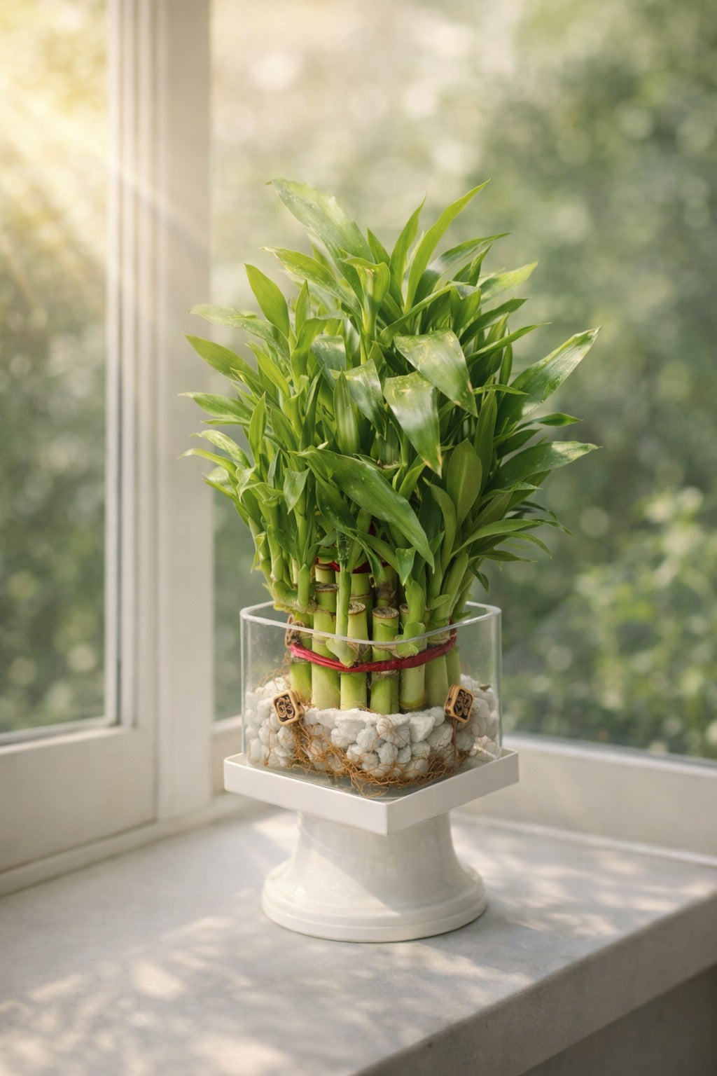 Premium Lucky Bamboo Plant in Square Glass Vase with White Pebbles | Feng Shui Vastu Indoor Plant | Elegant Tabletop Décor for Home Office Living Room Gift Item