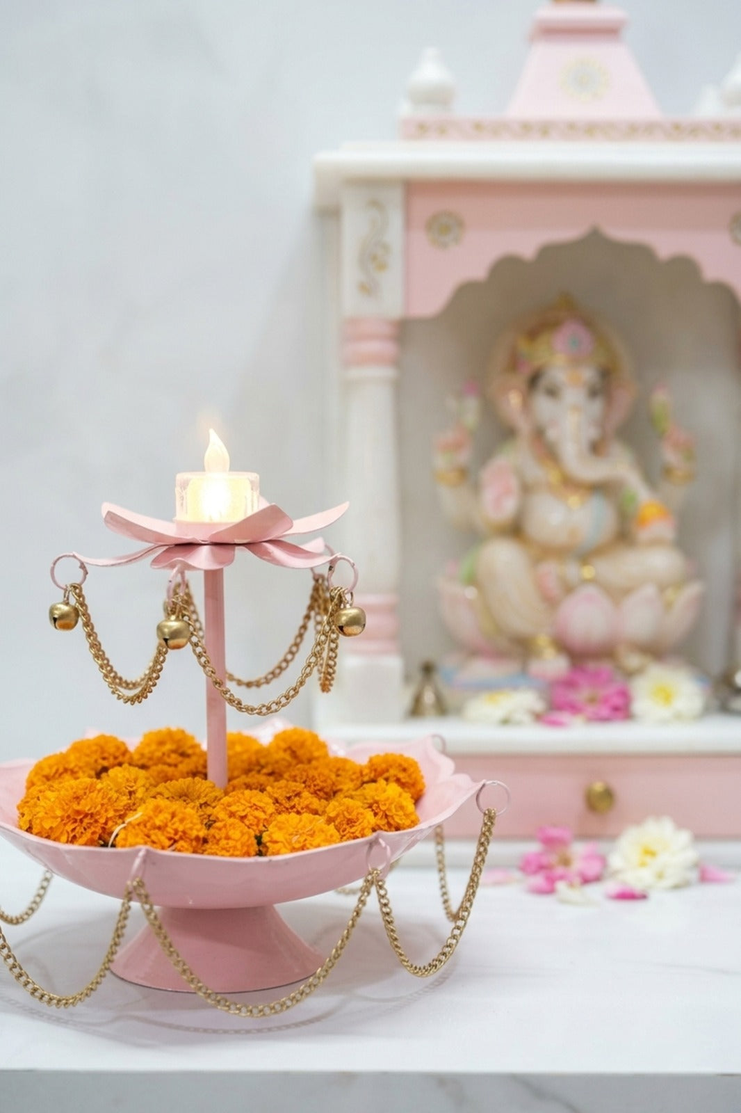 Pink Metal Urli Bowl with Diya Stand & Hanging Chain Design for Floating Flowers & Candles | Decorative Centerpiece for Diwali, Wedding, Home Décor & Festive Gifting