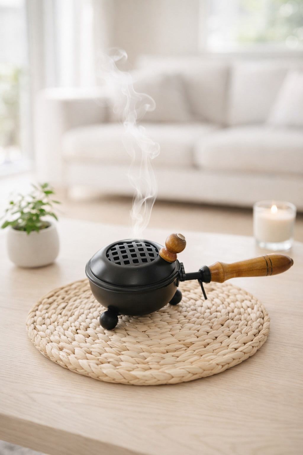 Black Metal Dhoop Dani with Wooden Handle & Lid for Pooja, Loban & Sambrani Burning | Covered Incense Burner for Home Temple, Havan, Vastu & Daily Use Puja Item