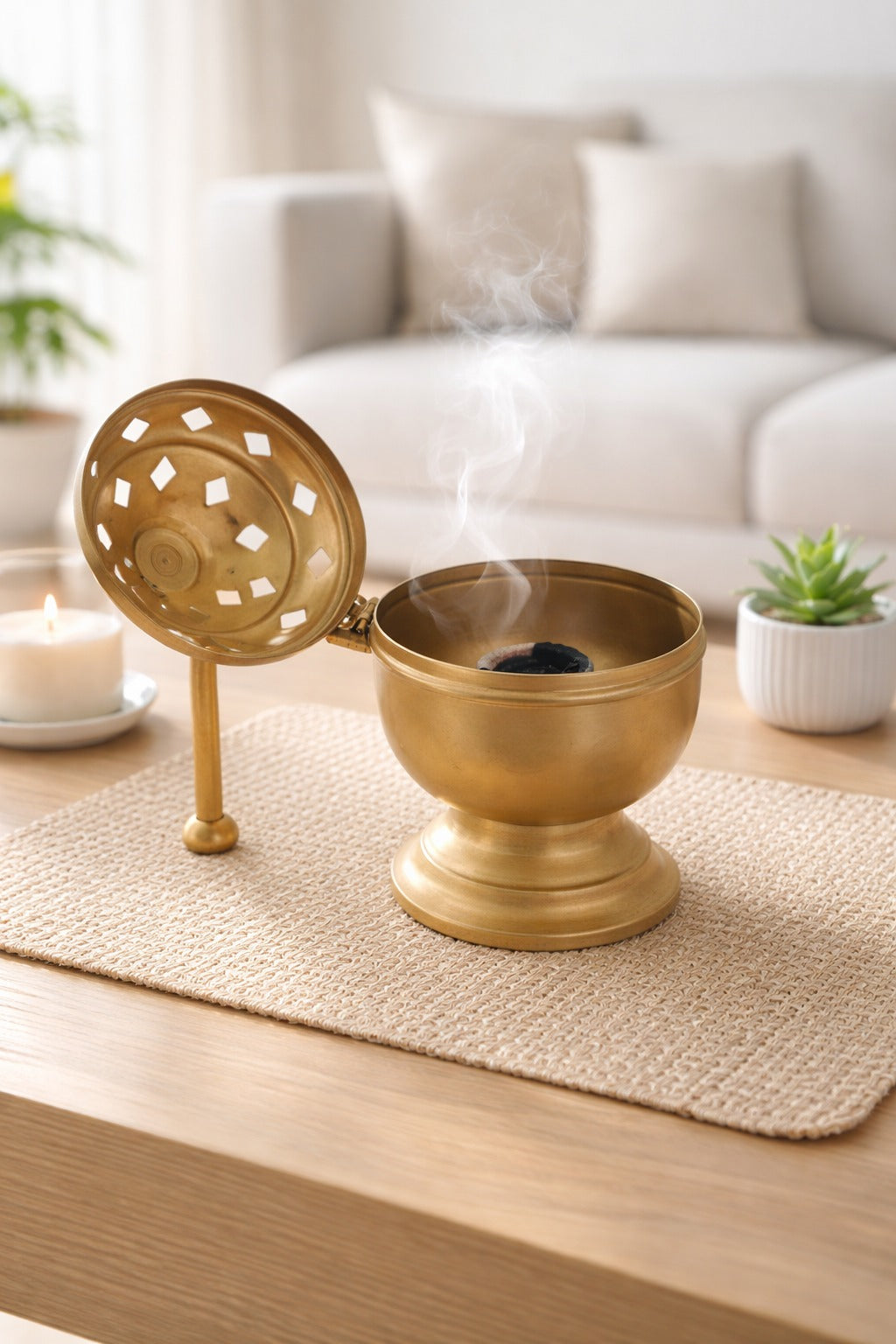 Brass Finish Metal Dhoop Dani with Wooden Handle & Lid for Pooja, Loban & Sambrani Burning | Covered Incense Burner for Home Temple, Havan, Vastu & Premium Festive Gift Item