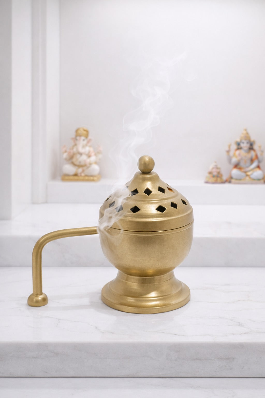 Brass Finish Metal Dhoop Dani with Wooden Handle & Lid for Pooja, Loban & Sambrani Burning | Covered Incense Burner for Home Temple, Havan, Vastu & Premium Festive Gift Item