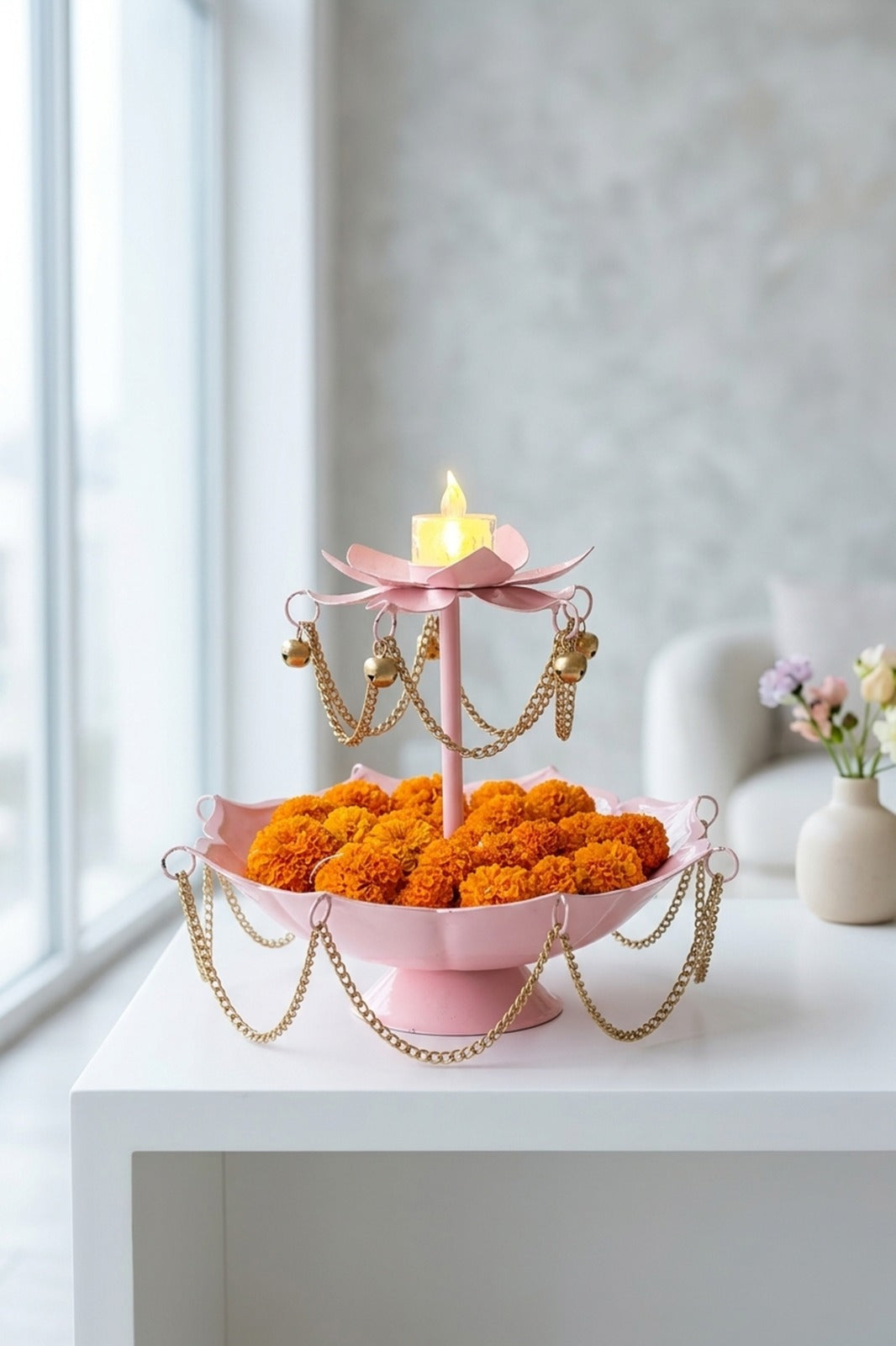Pink Metal Urli Bowl with Diya Stand & Hanging Chain Design for Floating Flowers & Candles | Decorative Centerpiece for Diwali, Wedding, Home Décor & Festive Gifting