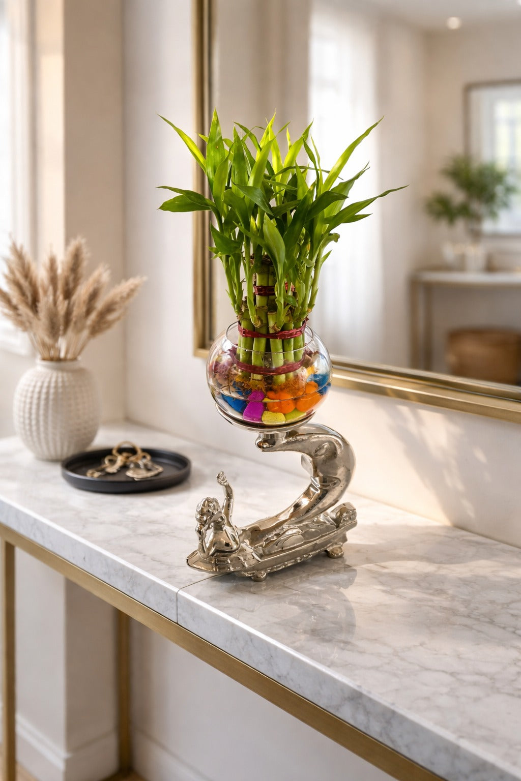 Premium Lucky Bamboo Plant with Glass Bowl & Designer Metal Stand | Feng Shui Vastu Plant with Colorful Pebbles | Decorative Tabletop Showpiece for Home Office Living Room Gift Item