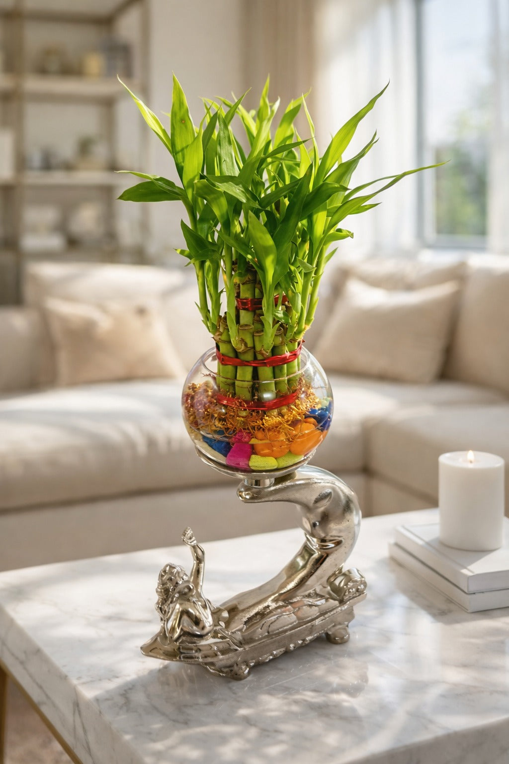 Premium Lucky Bamboo Plant with Glass Bowl & Designer Metal Stand | Feng Shui Vastu Plant with Colorful Pebbles | Decorative Tabletop Showpiece for Home Office Living Room Gift Item