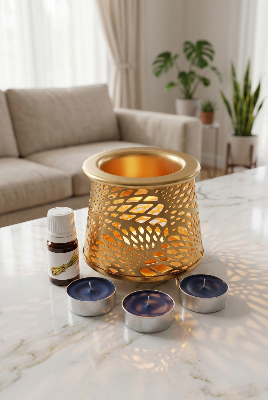Premium Gold Metal Aroma Oil Burner Set with Tea Light Candles & Essential Oil | Decorative Cutwork Candle Diffuser | Warm Ambient Fragrance Burner | Elegant Home Décor & Gifting Combo