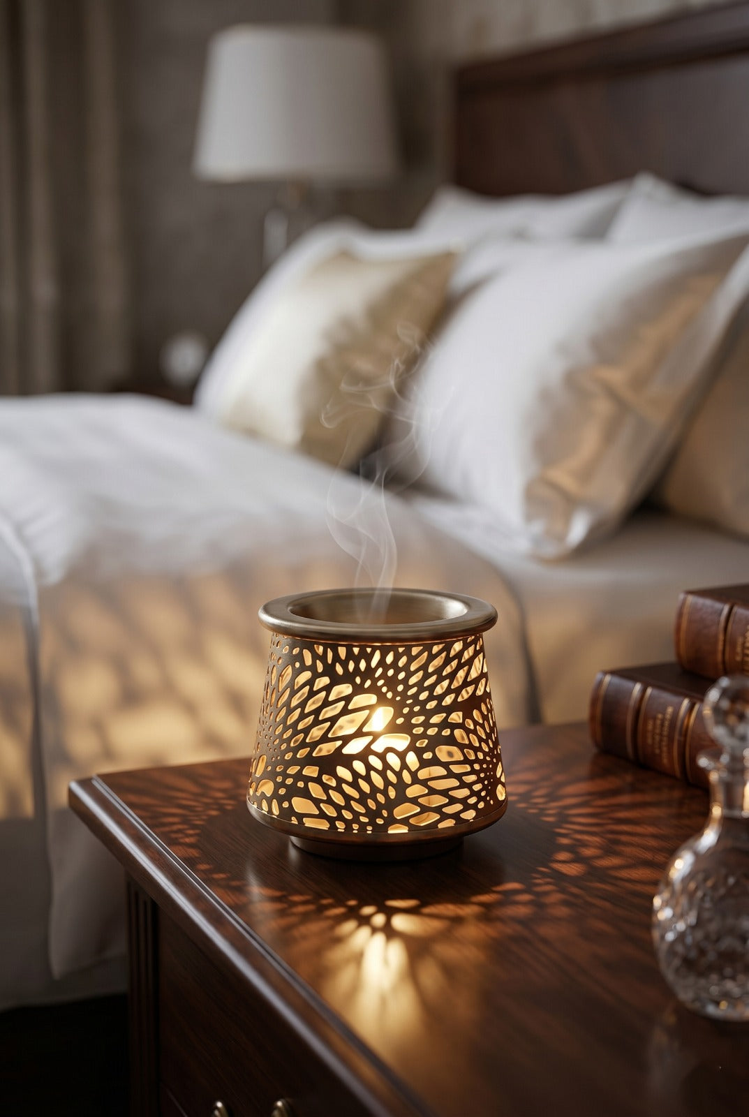 Premium Gold Metal Aroma Oil Burner Set with Tea Light Candles & Essential Oil | Decorative Cutwork Candle Diffuser | Warm Ambient Fragrance Burner | Elegant Home Décor & Gifting Combo