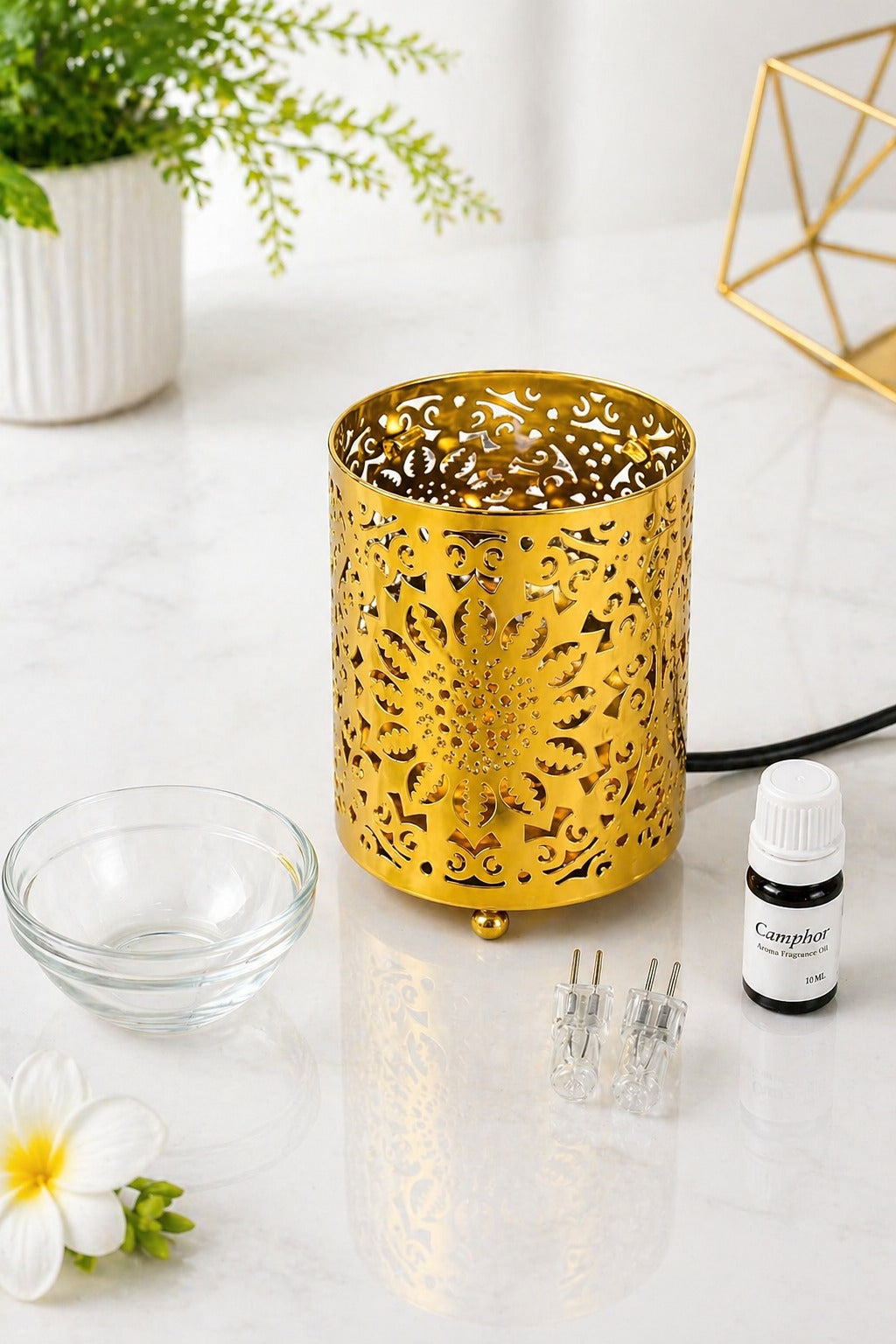 Gold Floral Cutwork Electric Aroma Diffuser Lamp With Cylindrical Design | Essential Oil Burner For Home, Bathroom & Spa | Includes Free Glass Bowl, 10ml Aroma Oil & 2 Electric Bulbs