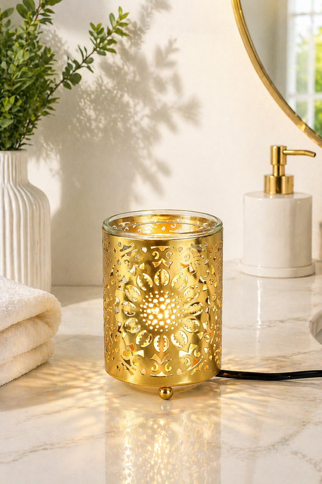 Gold Floral Cutwork Electric Aroma Diffuser Lamp With Cylindrical Design | Essential Oil Burner For Home, Bathroom & Spa | Includes Free Glass Bowl, 10ml Aroma Oil & 2 Electric Bulbs