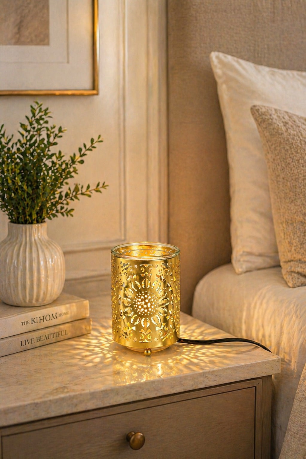 Gold Floral Cutwork Electric Aroma Diffuser Lamp With Cylindrical Design | Essential Oil Burner For Home, Bathroom & Spa | Includes Free Glass Bowl, 10ml Aroma Oil & 2 Electric Bulbs