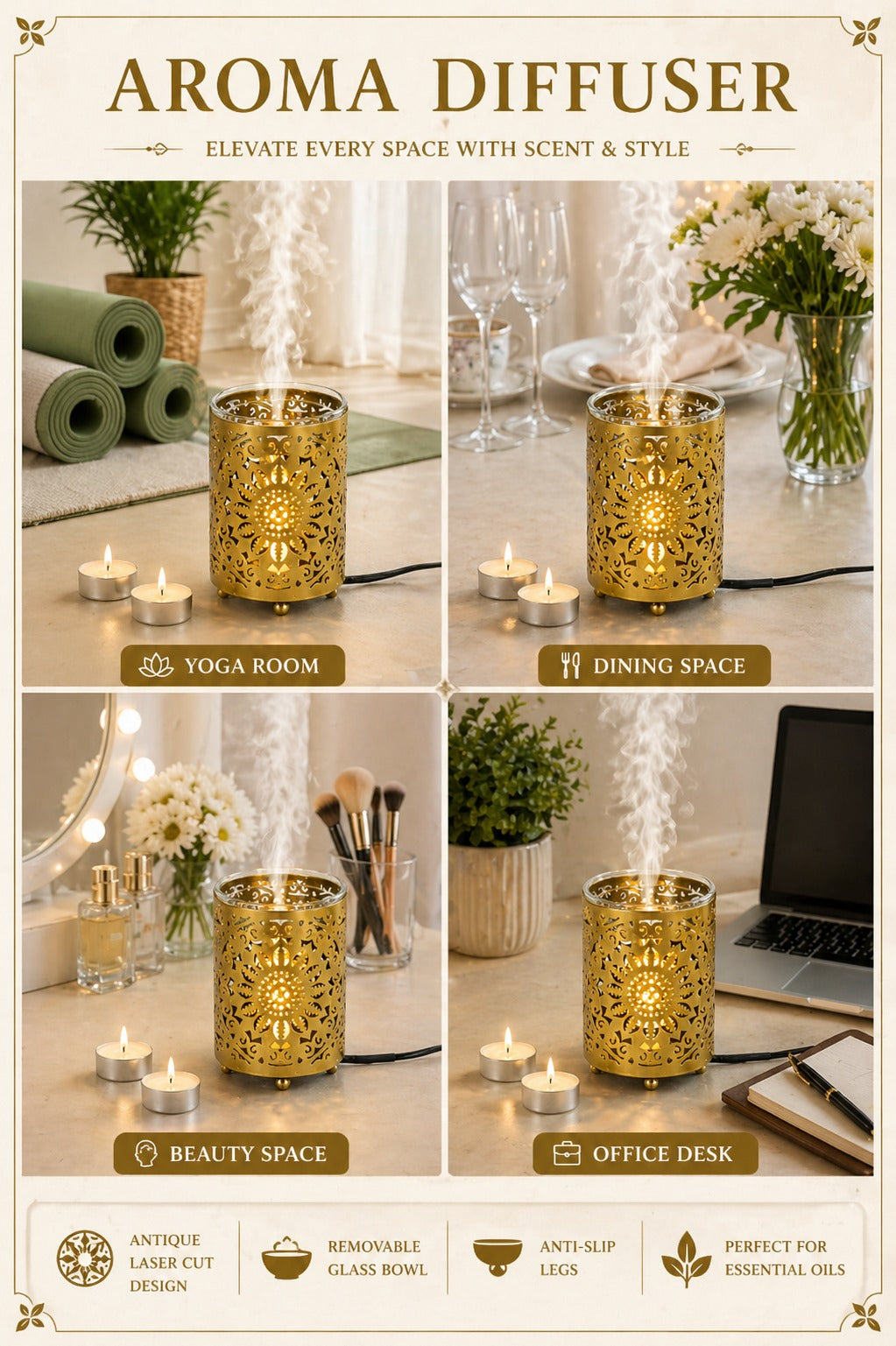 Gold Floral Cutwork Electric Aroma Diffuser Lamp With Cylindrical Design | Essential Oil Burner For Home, Bathroom & Spa | Includes Free Glass Bowl, 10ml Aroma Oil & 2 Electric Bulbs